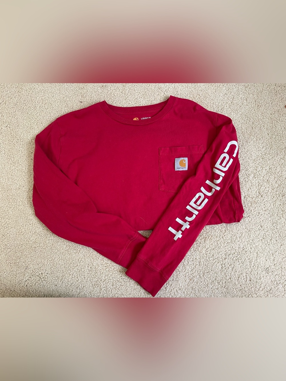 Carhartt Boy’s Large Red Long Sleeve Tee Shirt with Pocket and Logo